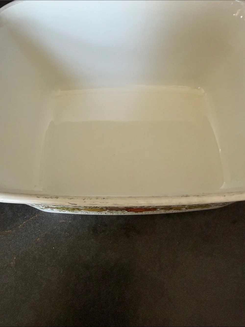 Corningware White Casserole Dish with Green, Red, Brown Vegetable Motif